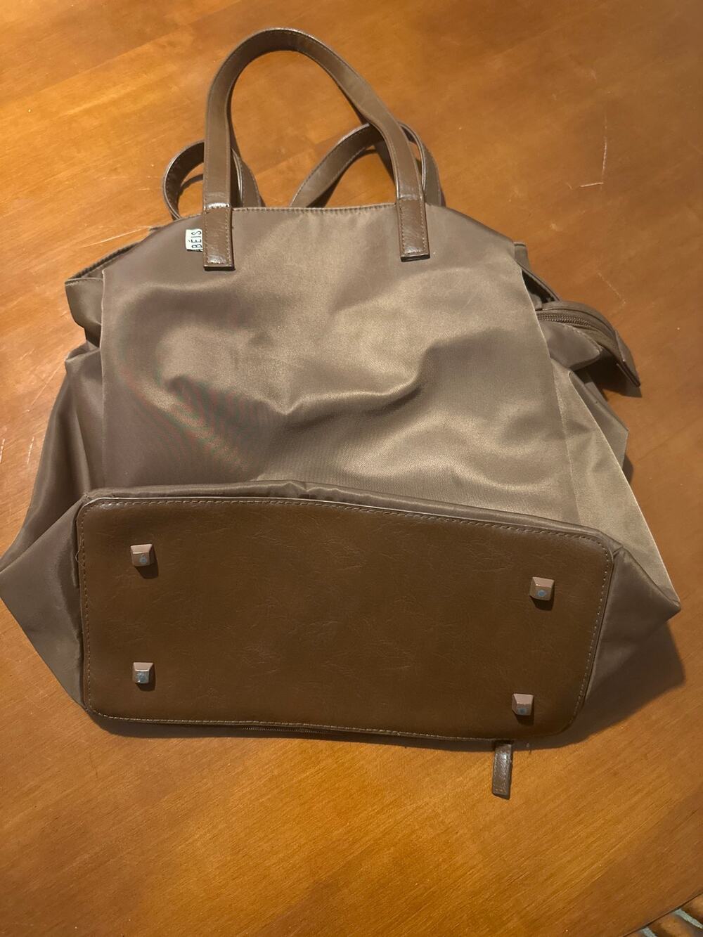 BÉIS Taupe Nylon Tote Bag with Vegan Leather Trim